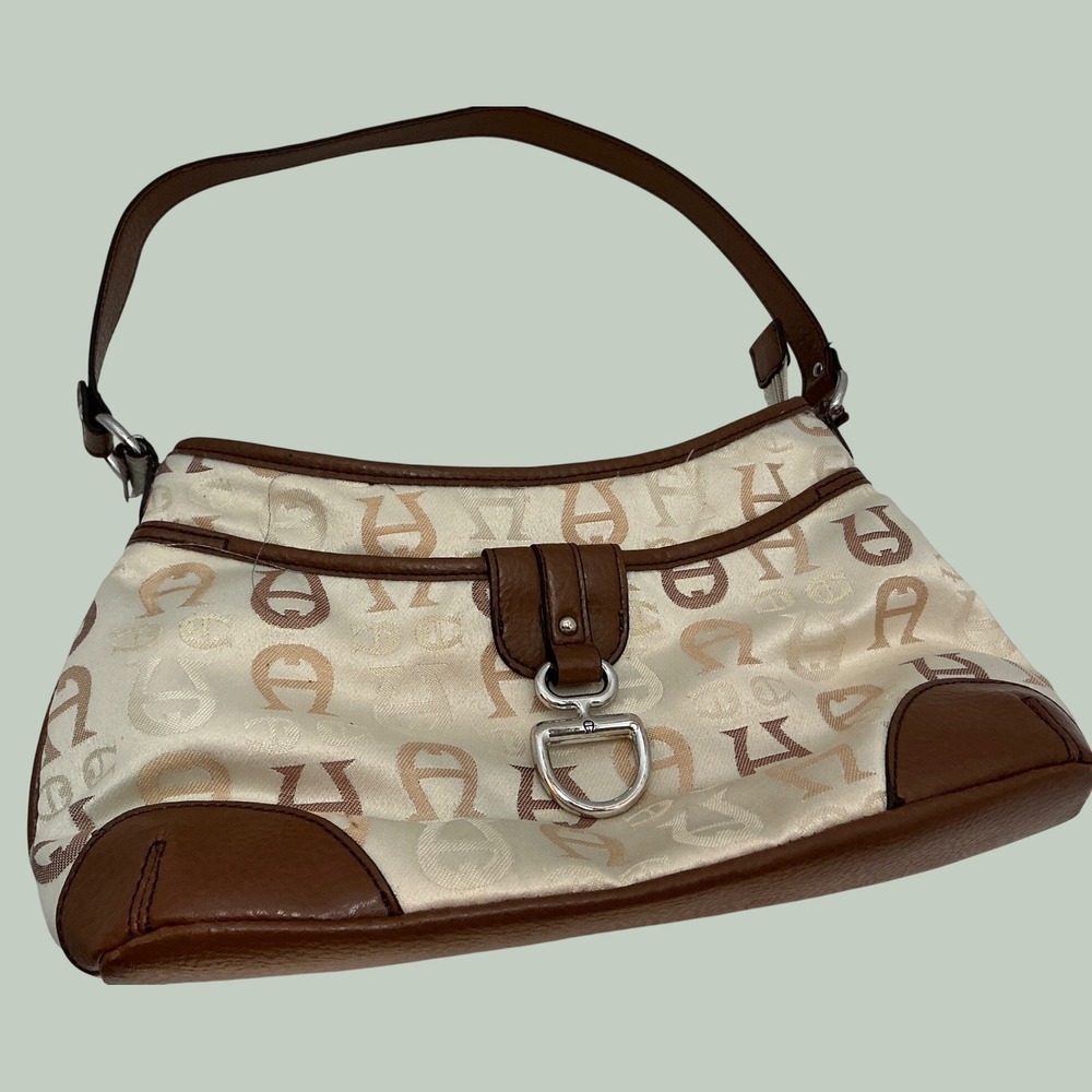 Etienne Aigner Vintage Y2K Monogram Shoulder Bag Horseshoe Hardware Tan Cream